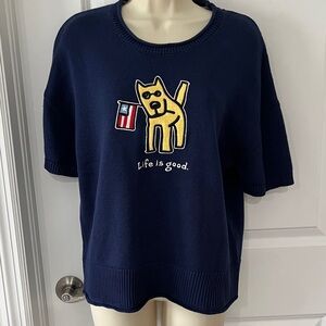 Life Is Good Navy Blue Sweater Dog with Flag Sz L NWOT